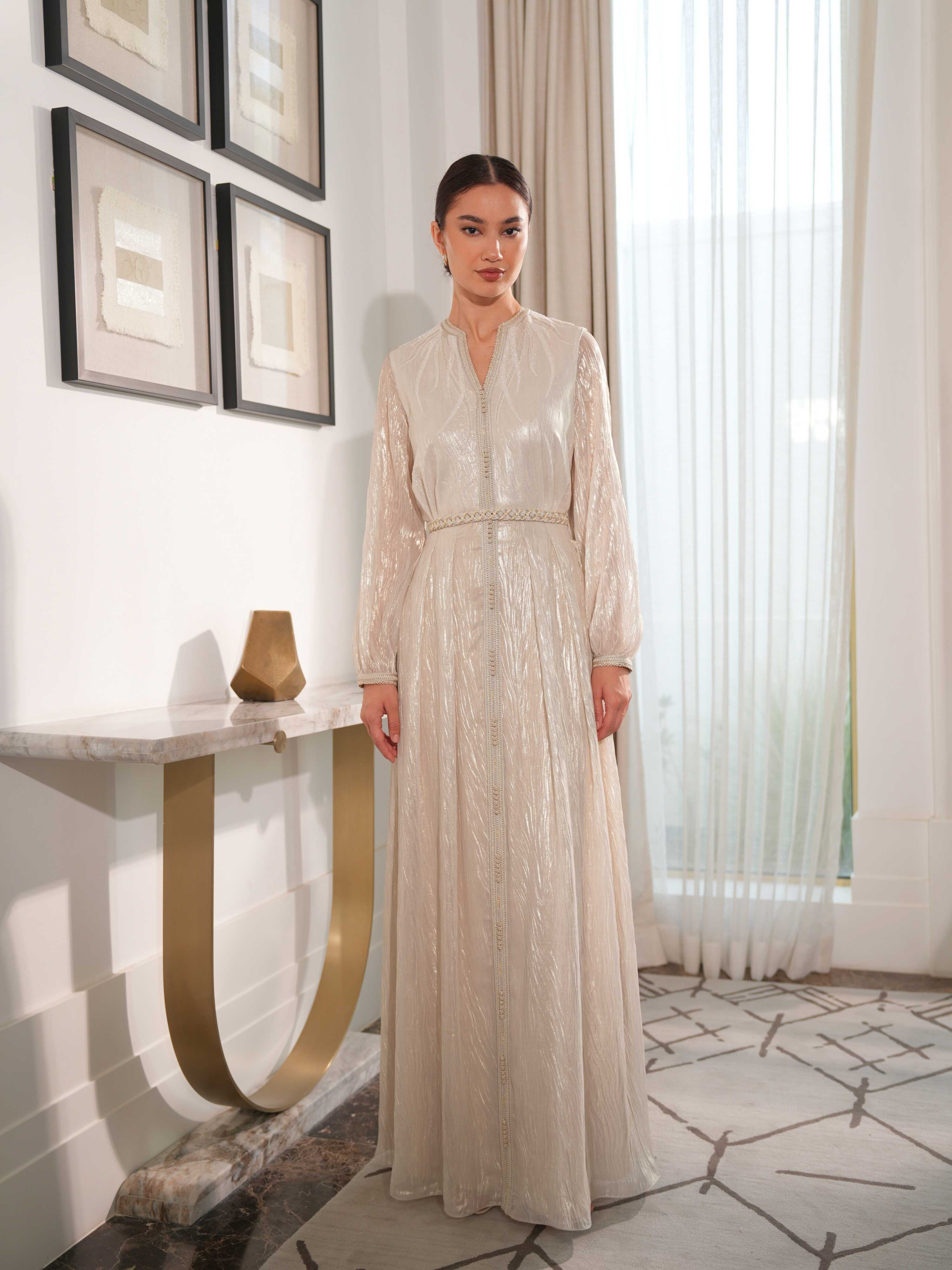 Silk Lami Embroidered Dress with Belt - view 3 - Naseem AlAndalos