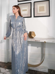 Silk Lami Embroidered Dress with Belt - view 4 - Naseem AlAndalos
