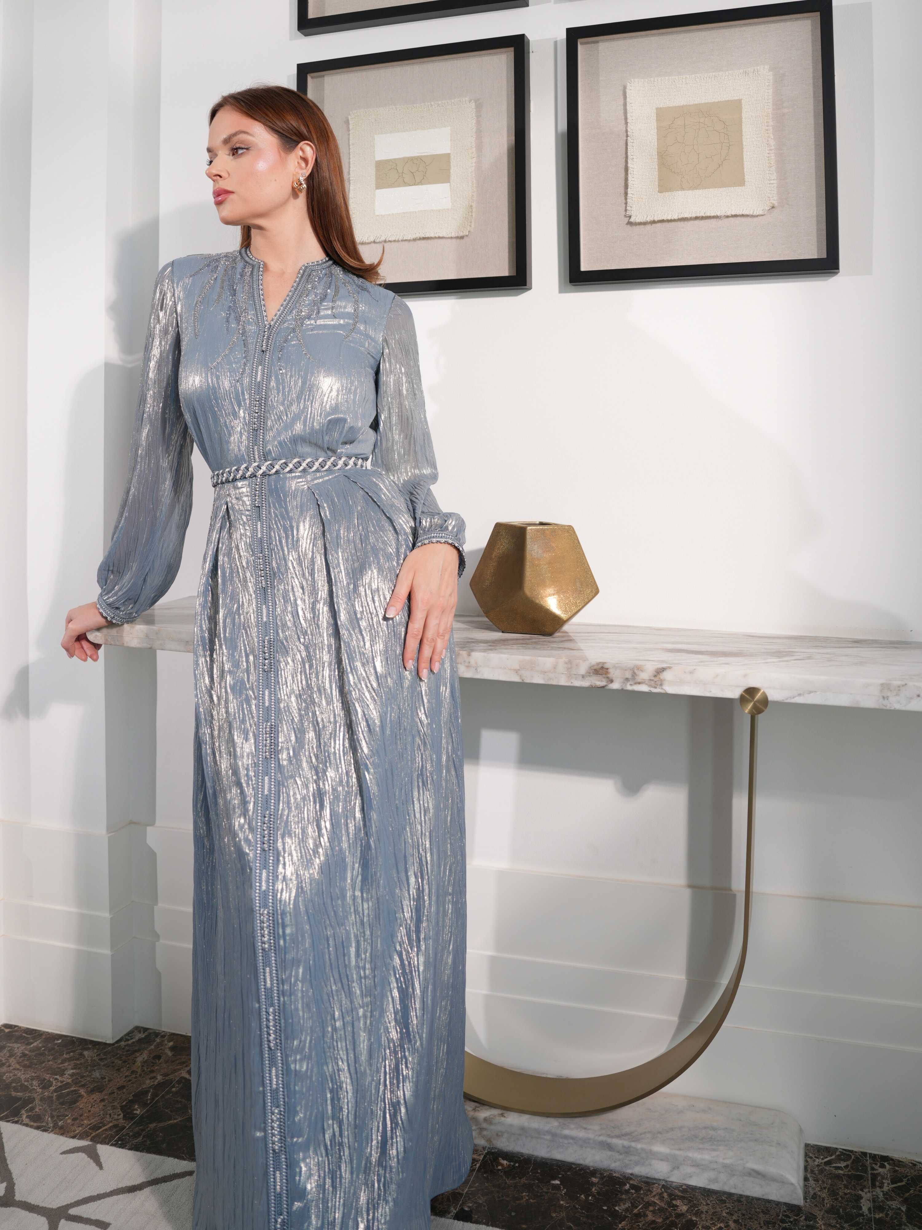 Silk Lami Embroidered Dress with Belt - view 4 - Naseem AlAndalos
