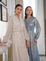 Silk Lami Embroidered Dress with Belt - view 2 - Naseem AlAndalos