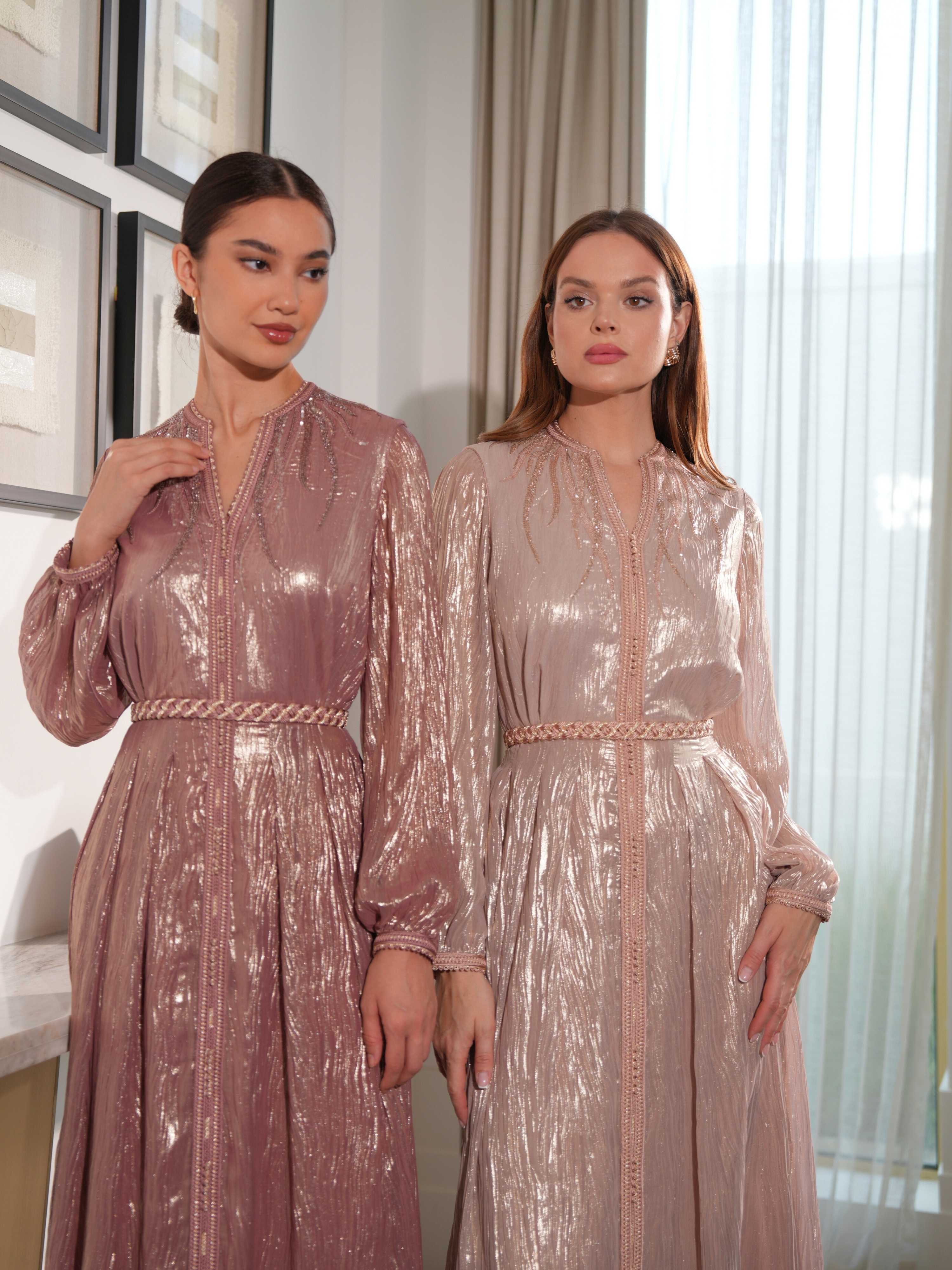 Silk Lami Embroidered Dress with Belt - Naseem AlAndalos