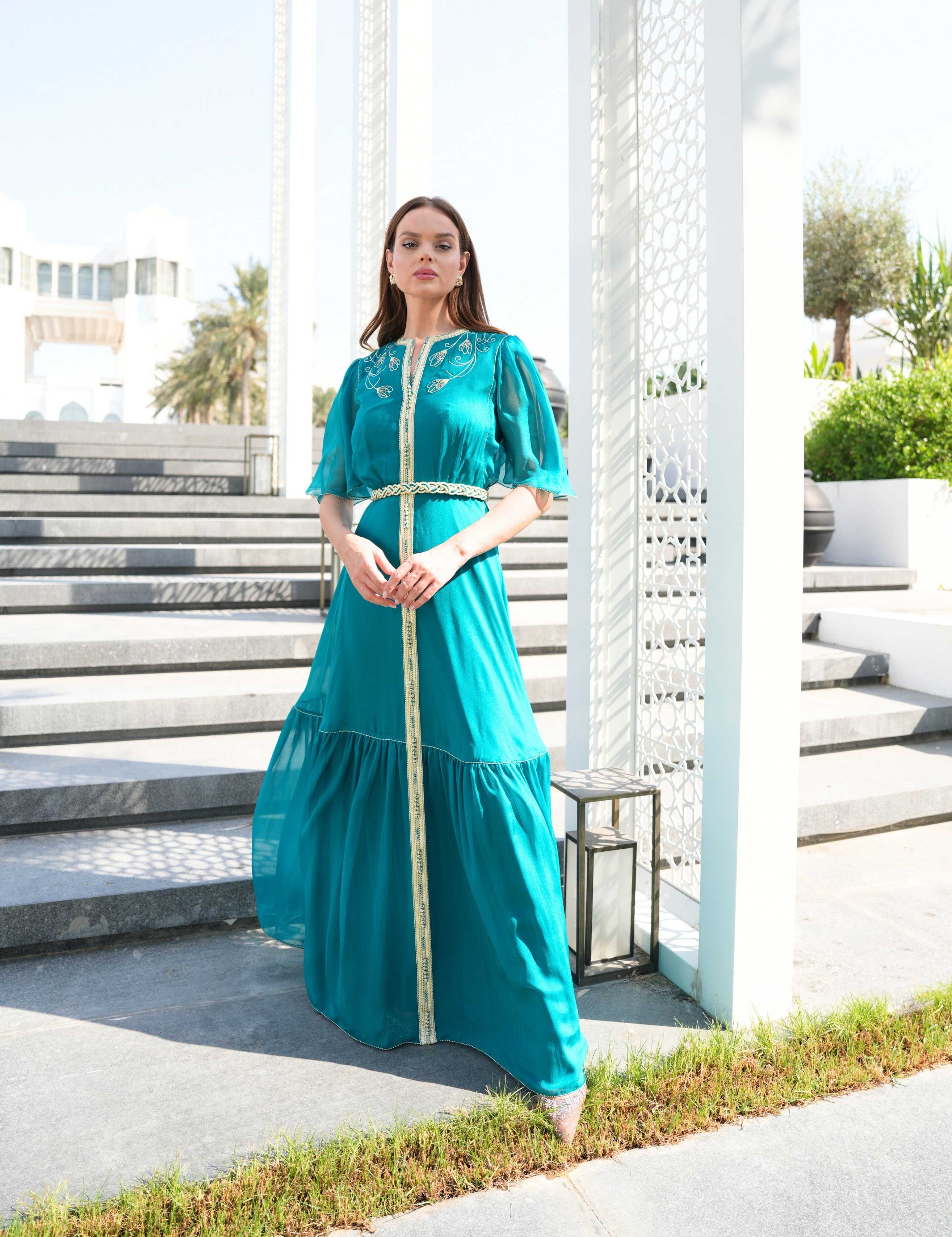 Silk Chiffon Embroidered Dress with Belt