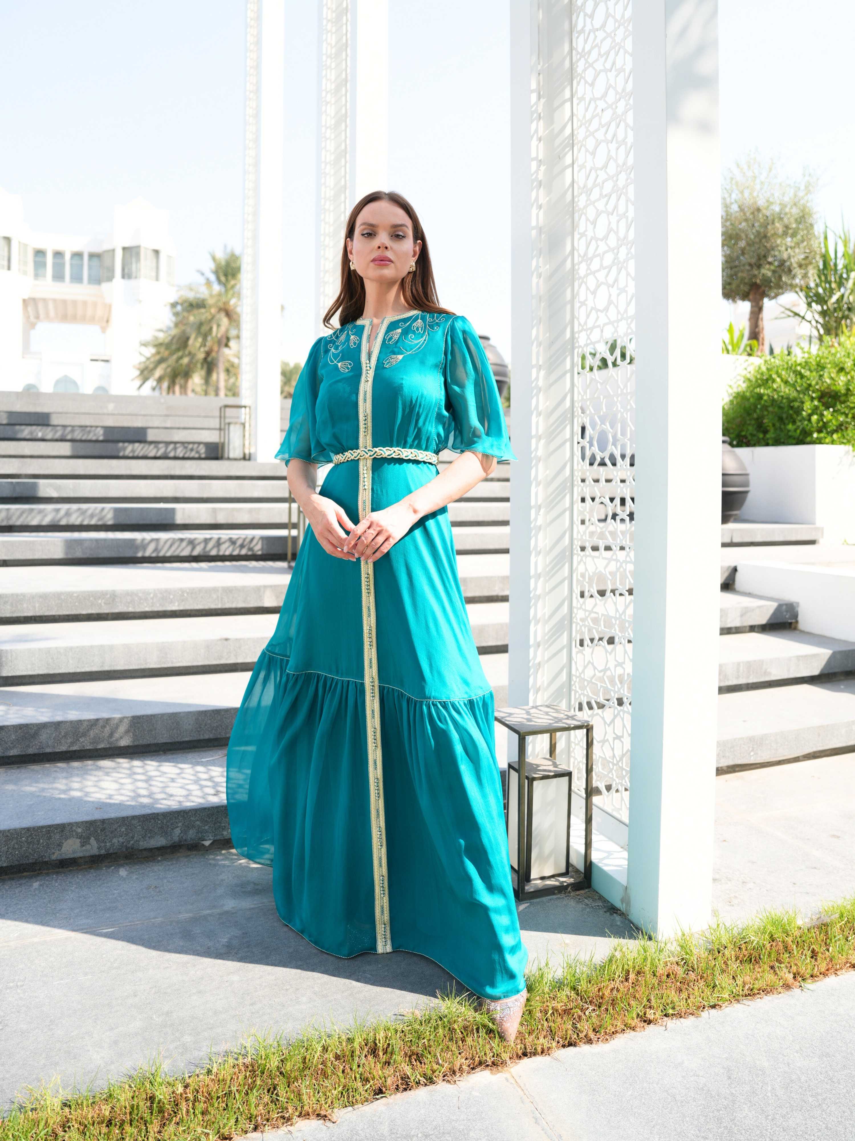 Silk Chiffon Embroidered Dress with Belt