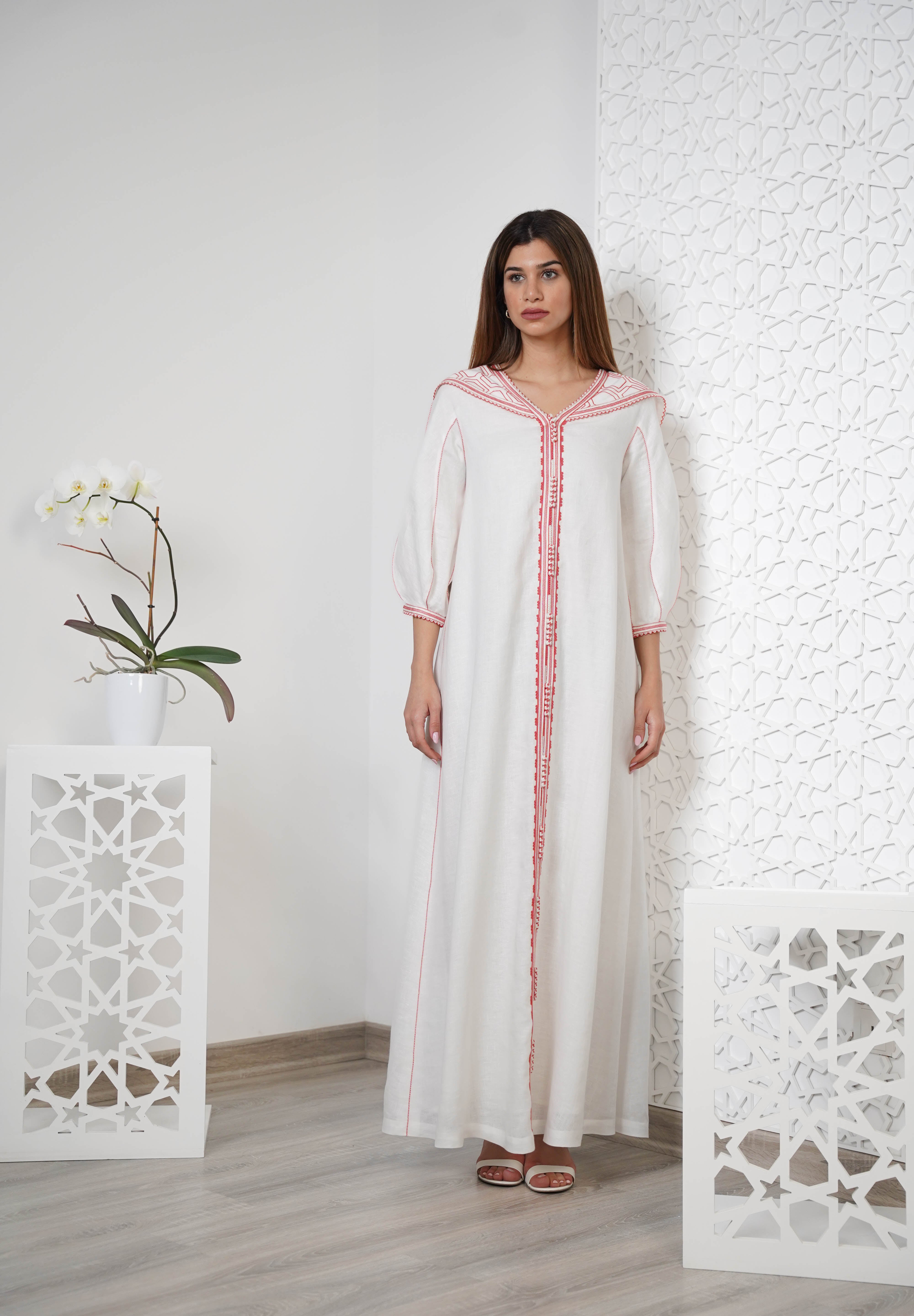 Linen Embroidered Kaftan with hood R24-07