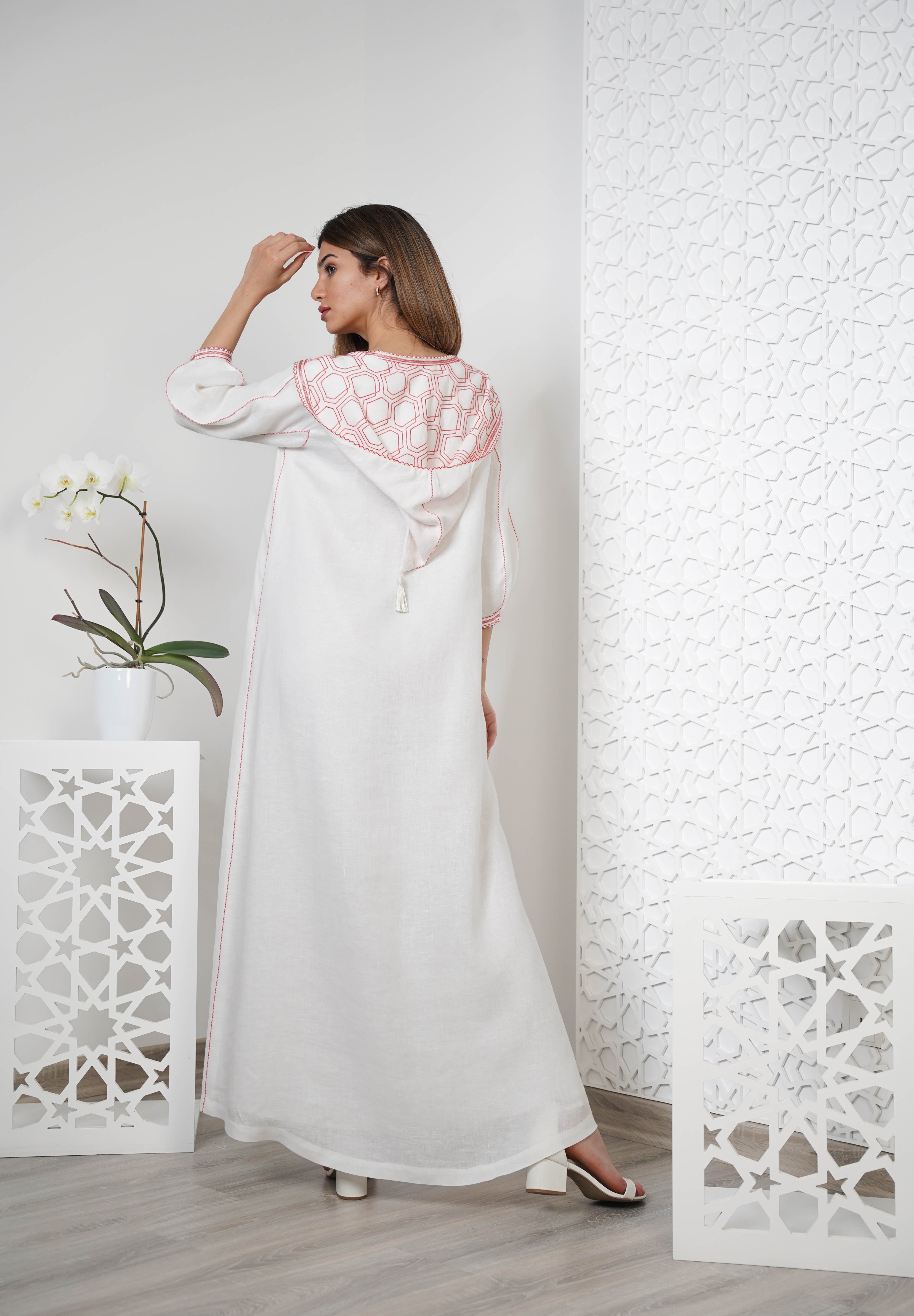 Linen Embroidered Kaftan with hood R24-07