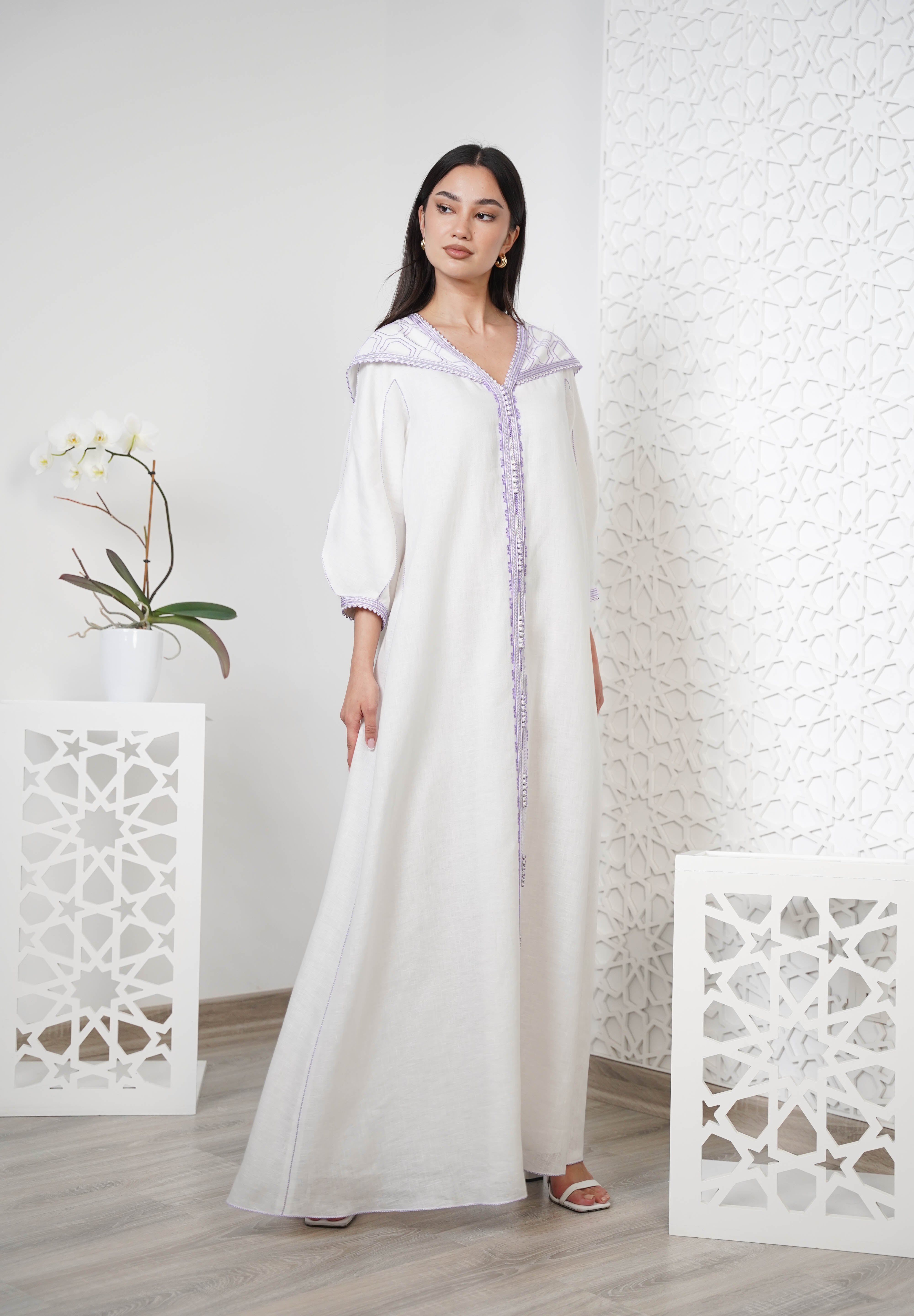 Linen Embroidered Kaftan with hood R24-07