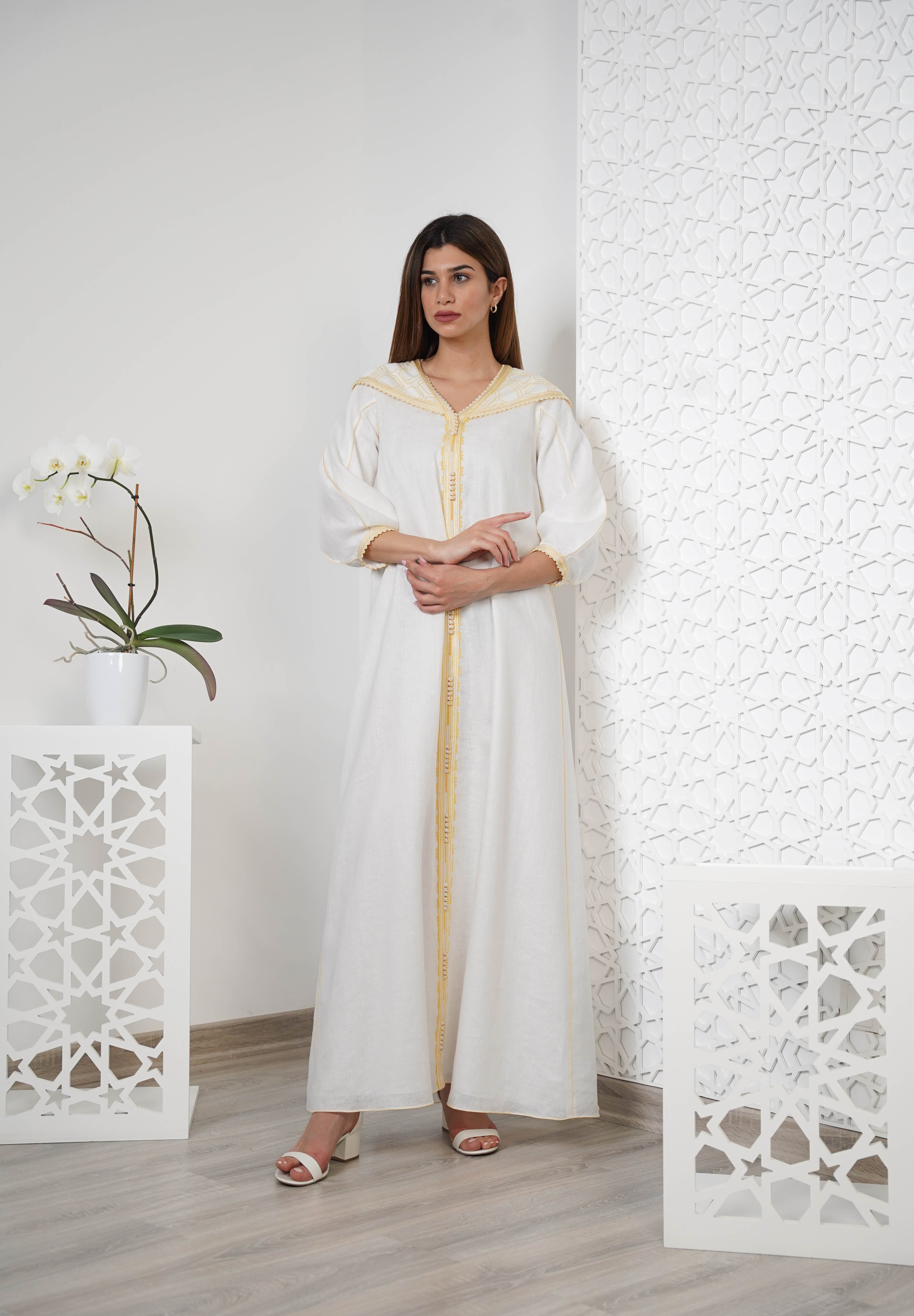 Linen Embroidered Kaftan with hood R24-07