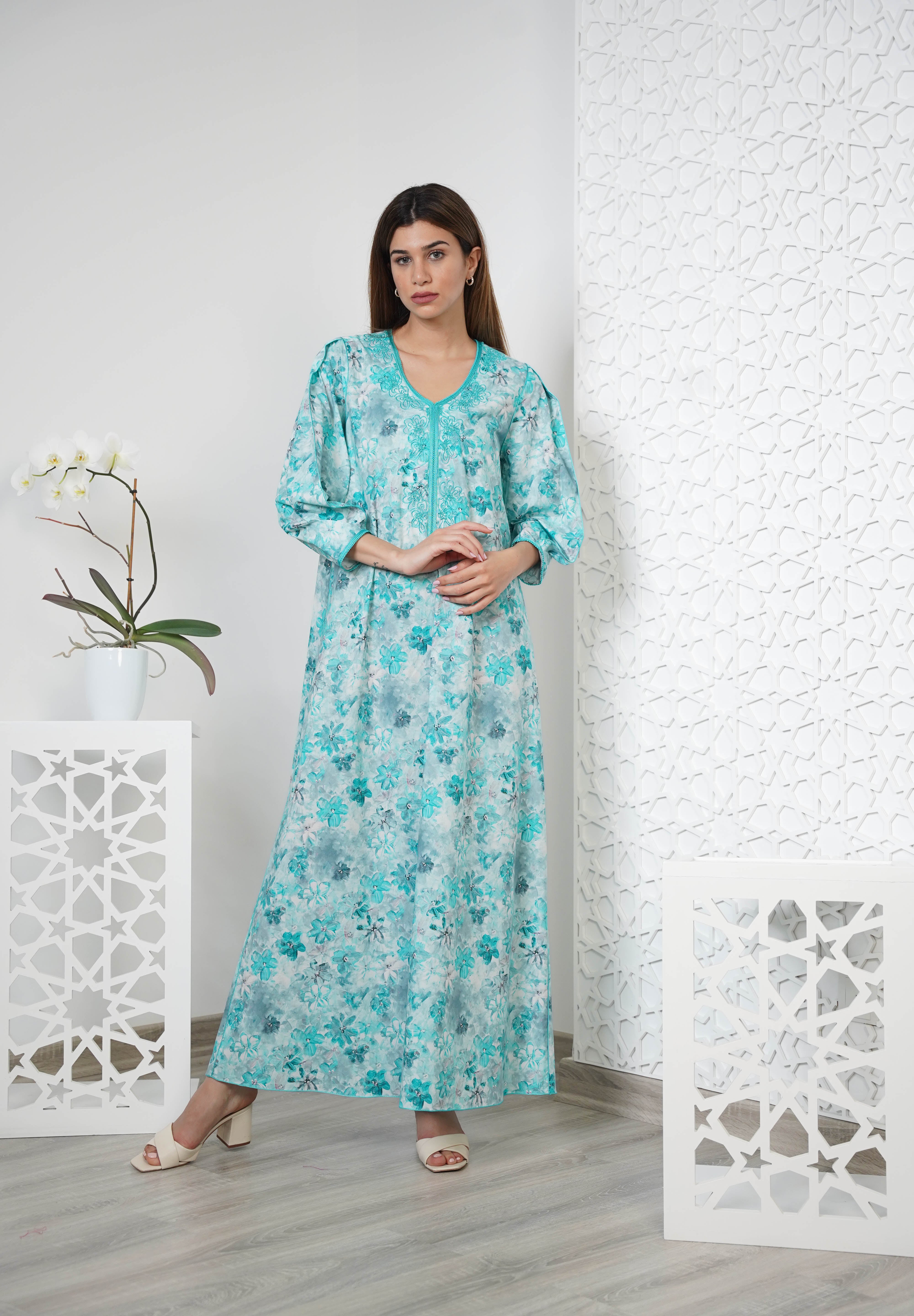 Cotton Floral Print Embroidered Kaftan  R24-12