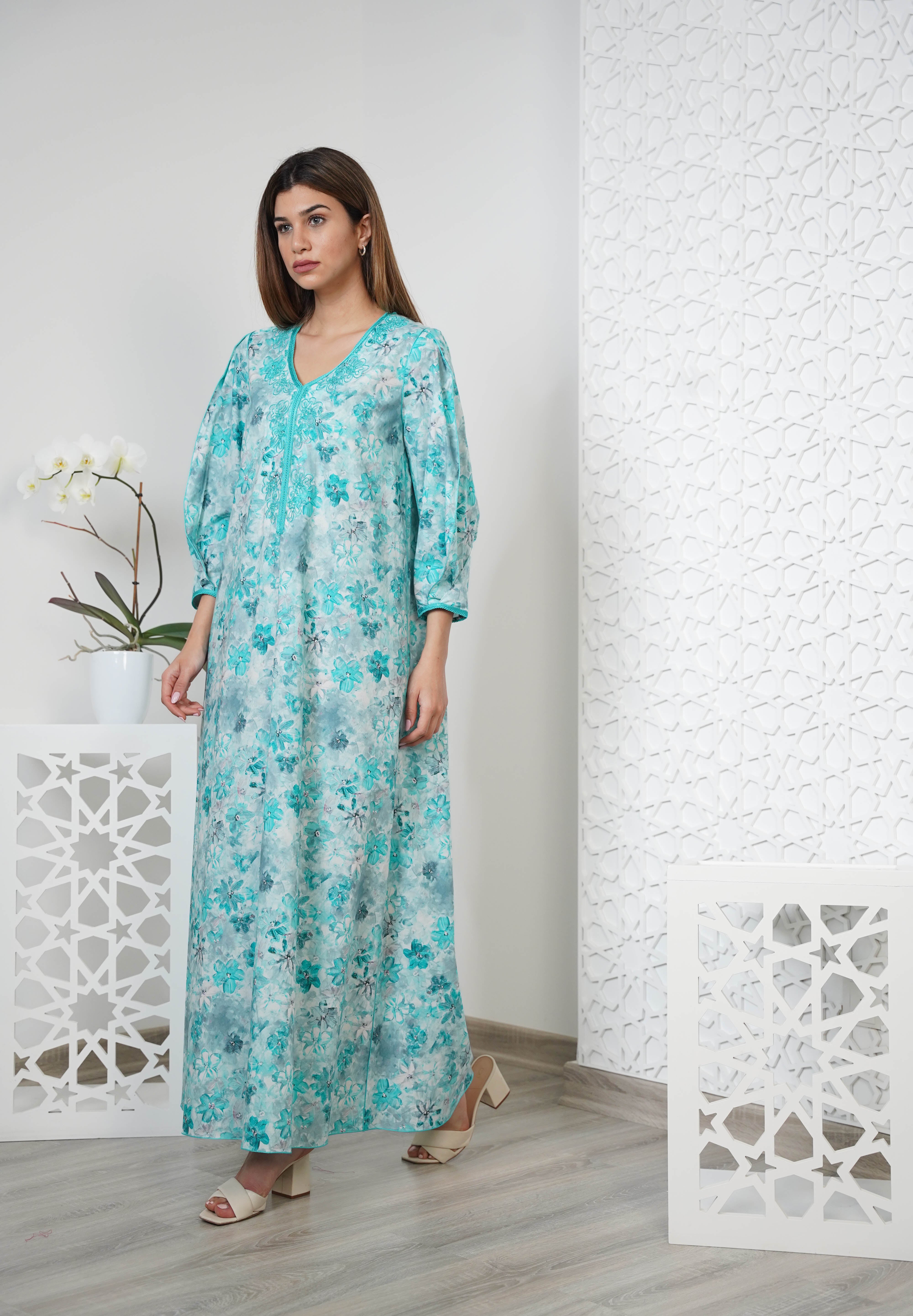 Cotton Floral Print Embroidered Kaftan  R24-12