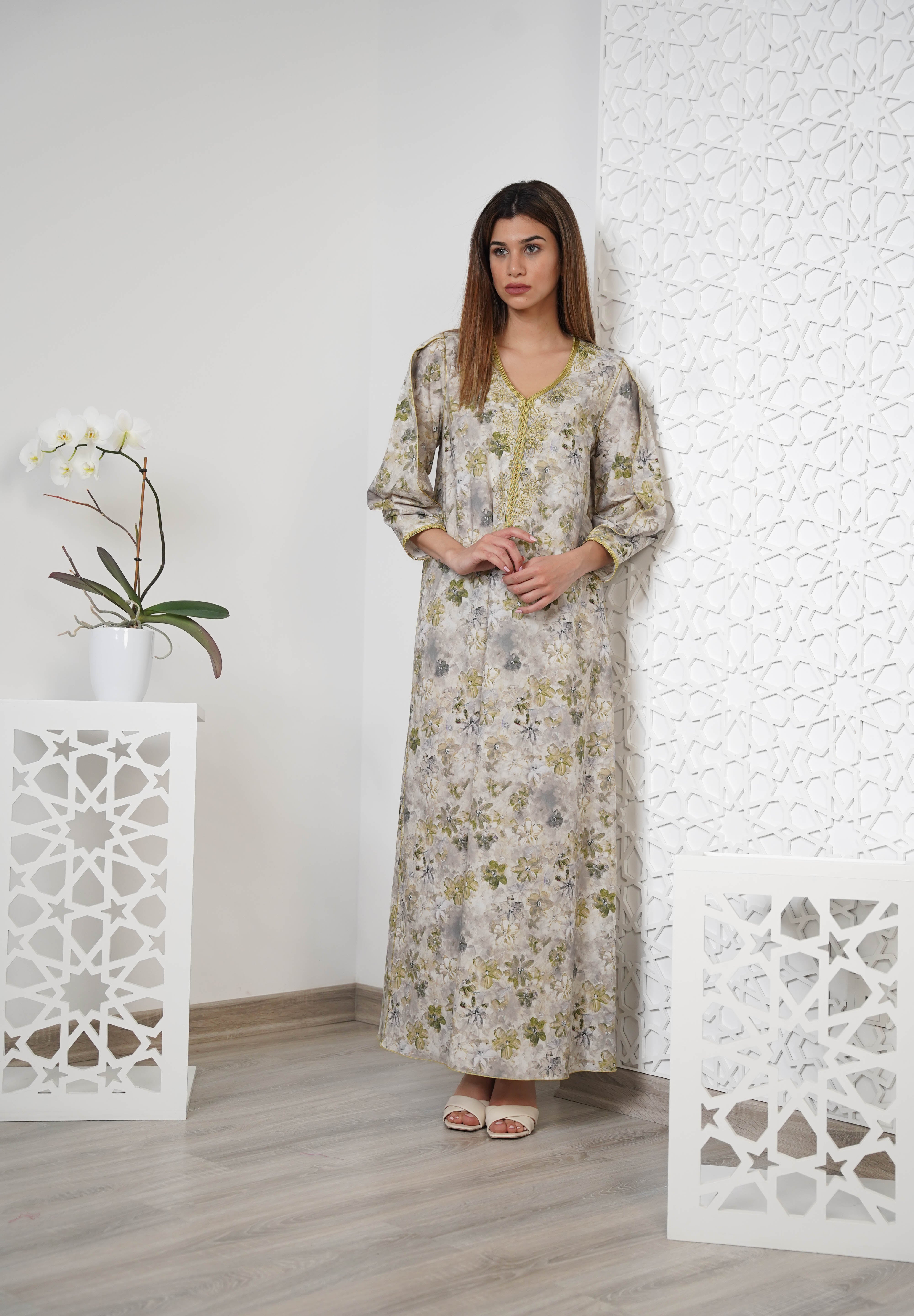 Cotton Floral Print Embroidered Kaftan  R24-12