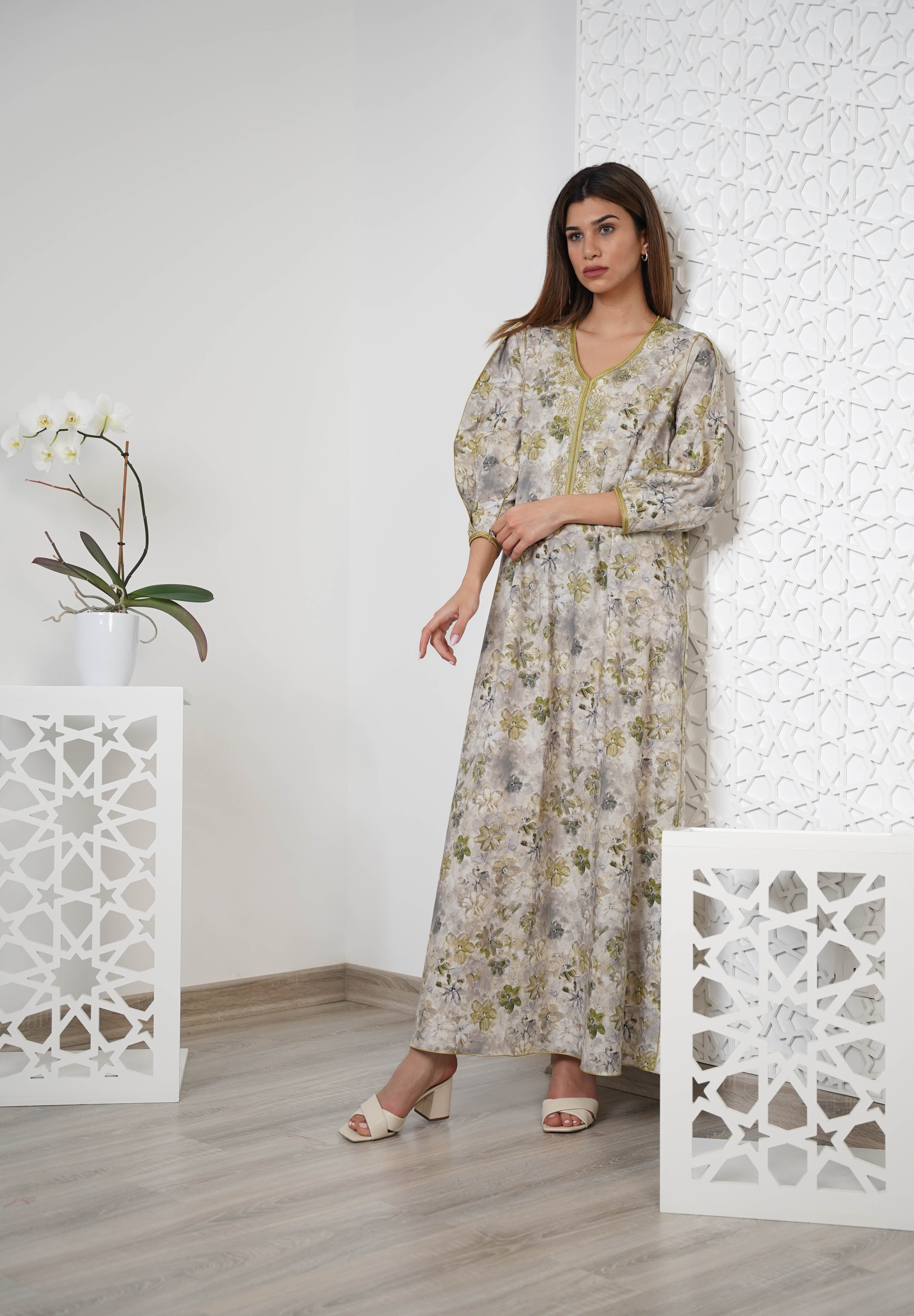 Cotton Floral Print Embroidered Kaftan  R24-12