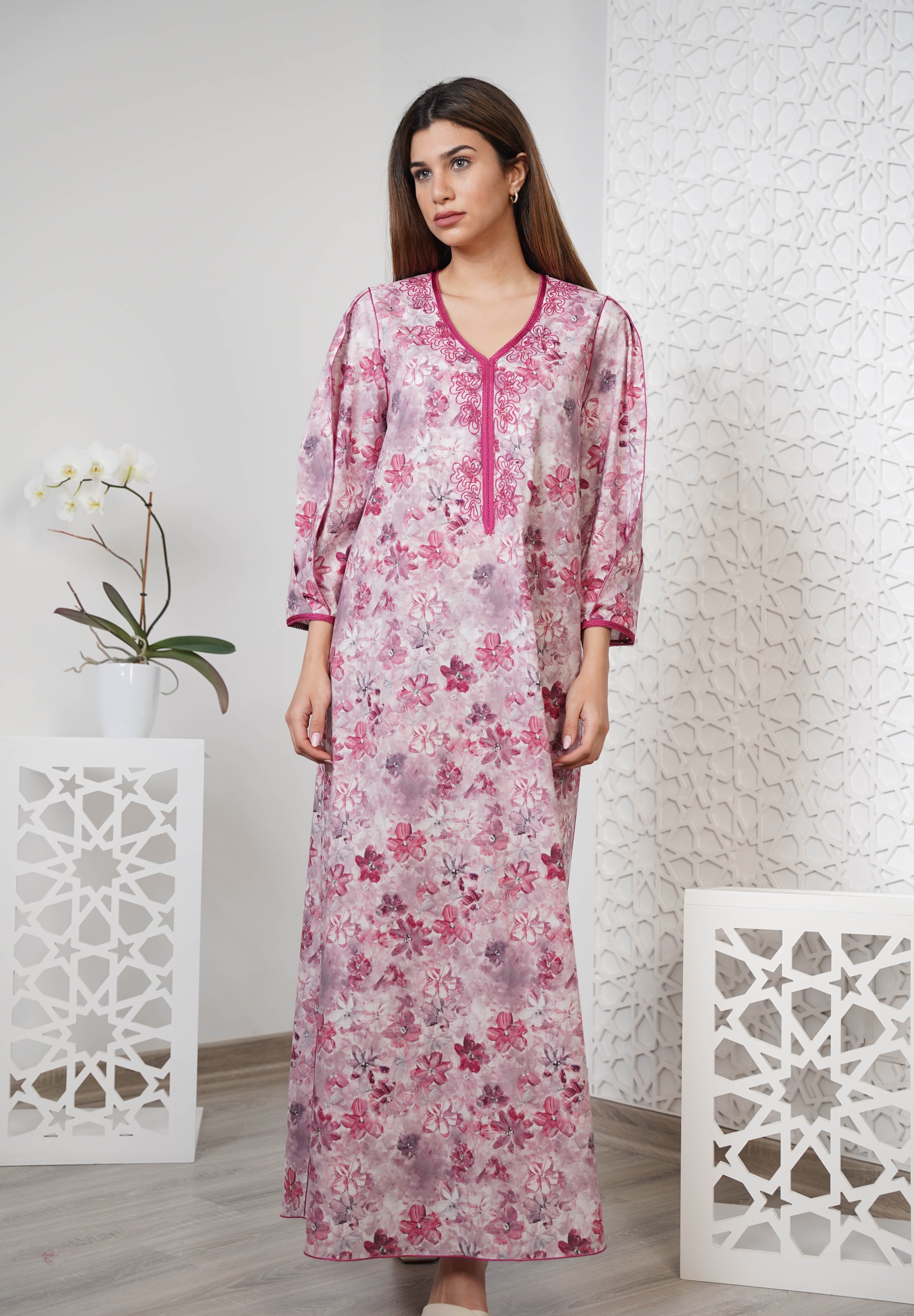 Cotton Floral Print Embroidered Kaftan  R24-12