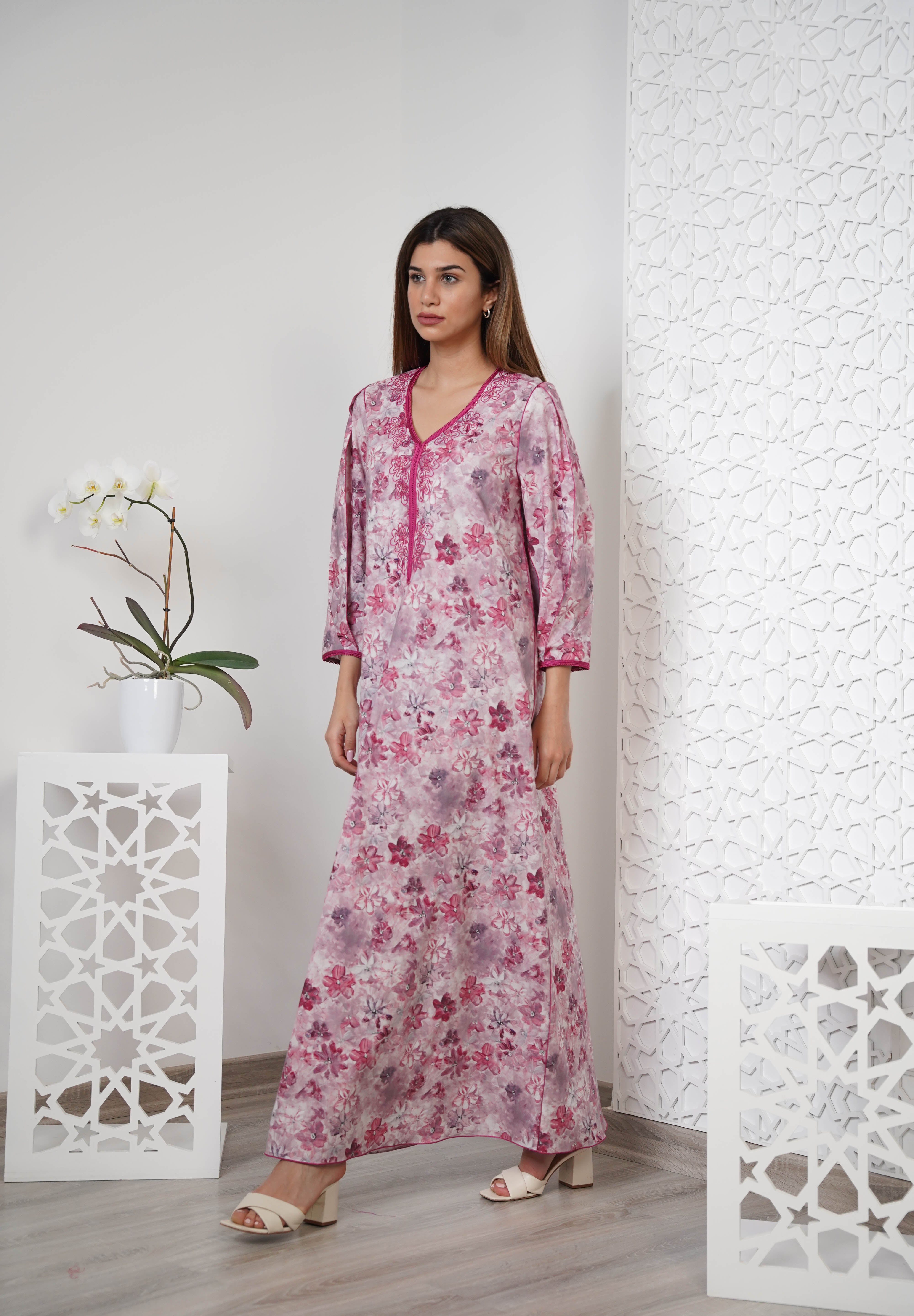 Cotton Floral Print Embroidered Kaftan  R24-12