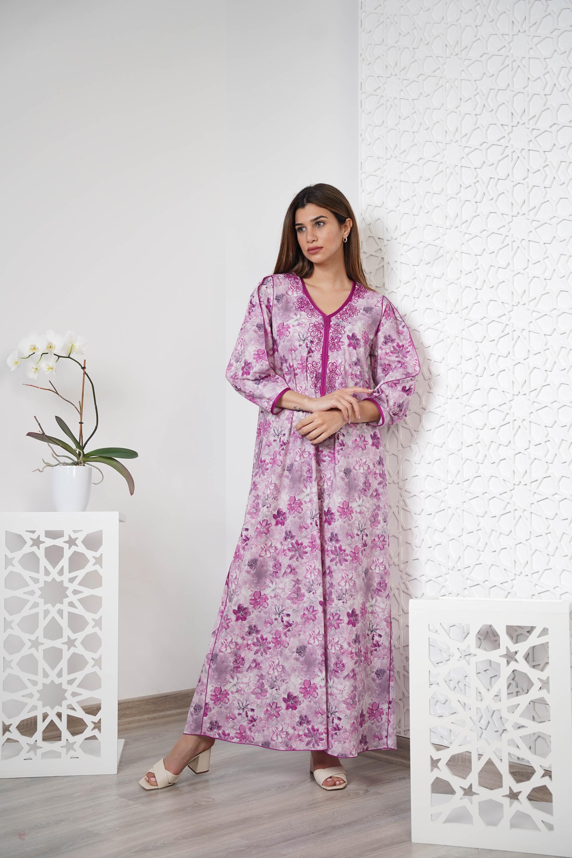 Cotton Floral Print Embroidered Kaftan  R24-12