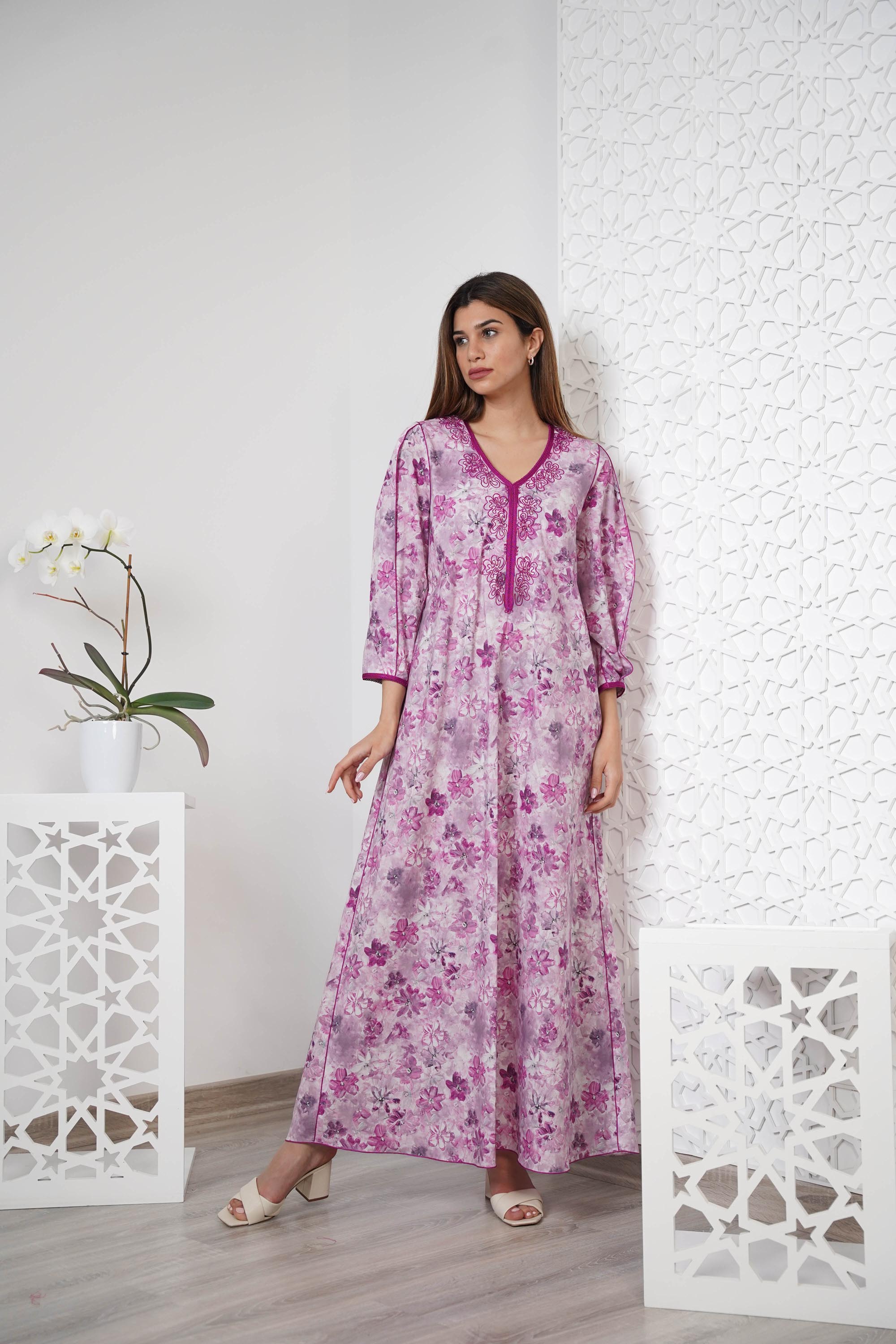 Cotton Floral Print Embroidered Kaftan  R24-12