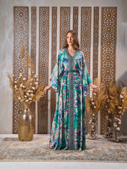 Floral Silk Print Kaftan with Belt NR21-09