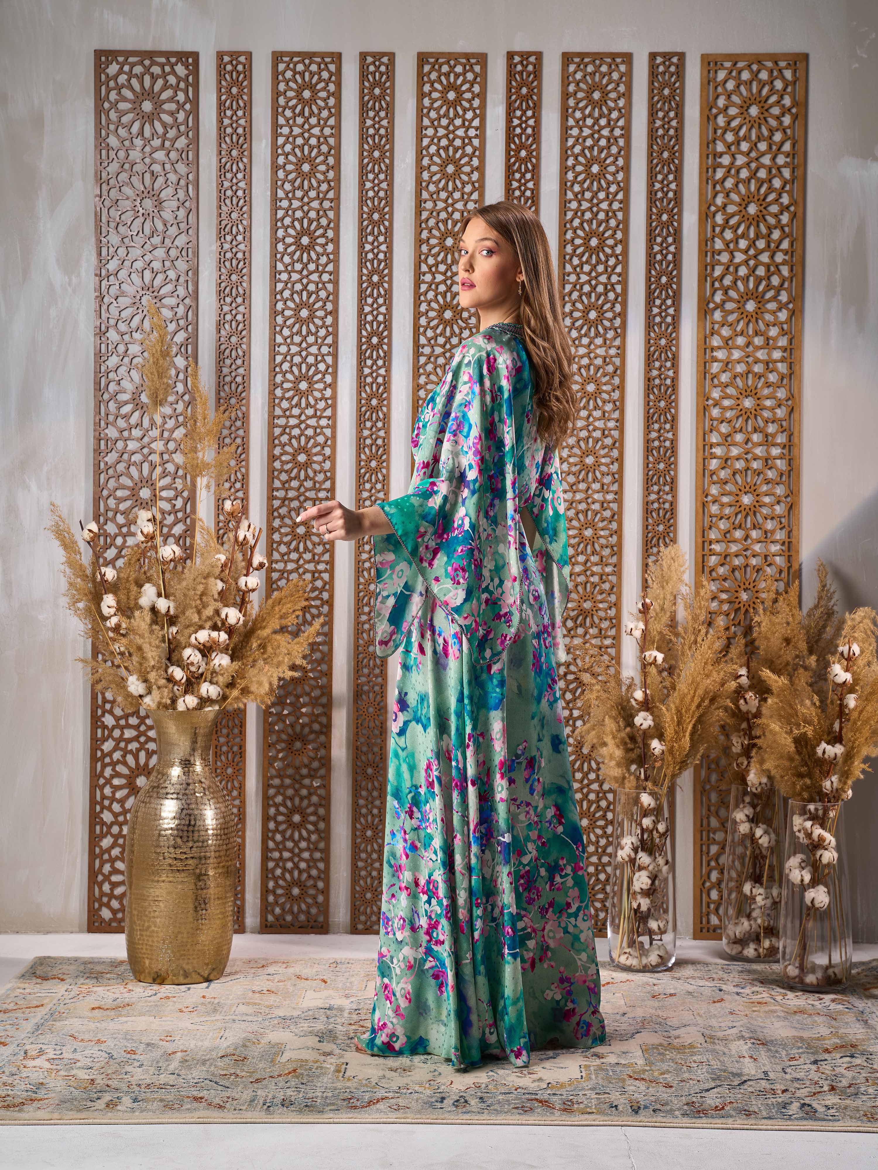 Floral Silk Print Kaftan with Belt NR21-09