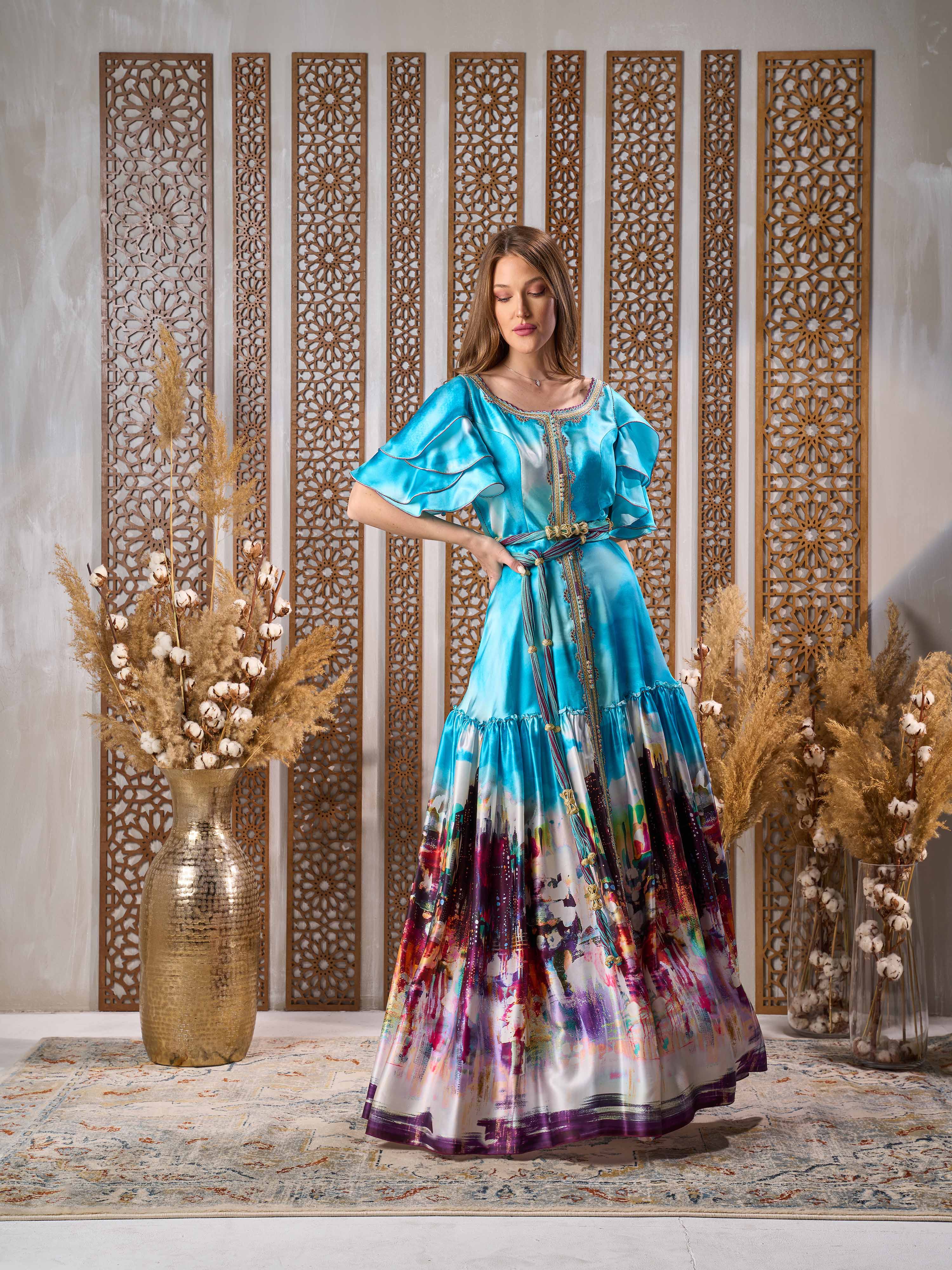 Silk Print Kaftan Dress with Belt NR21-18