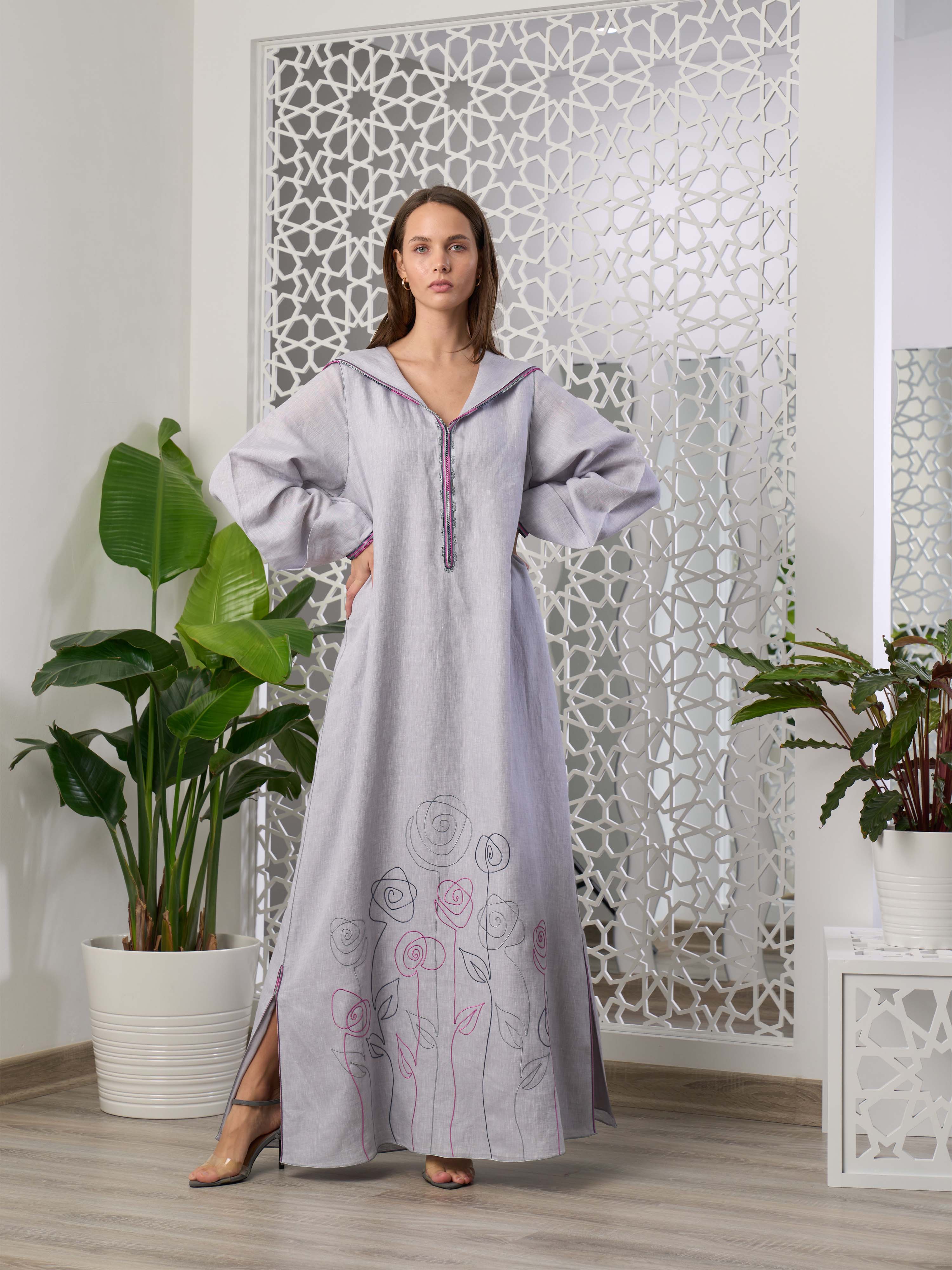 Linen Embroidered Kaftan with hood R22-04