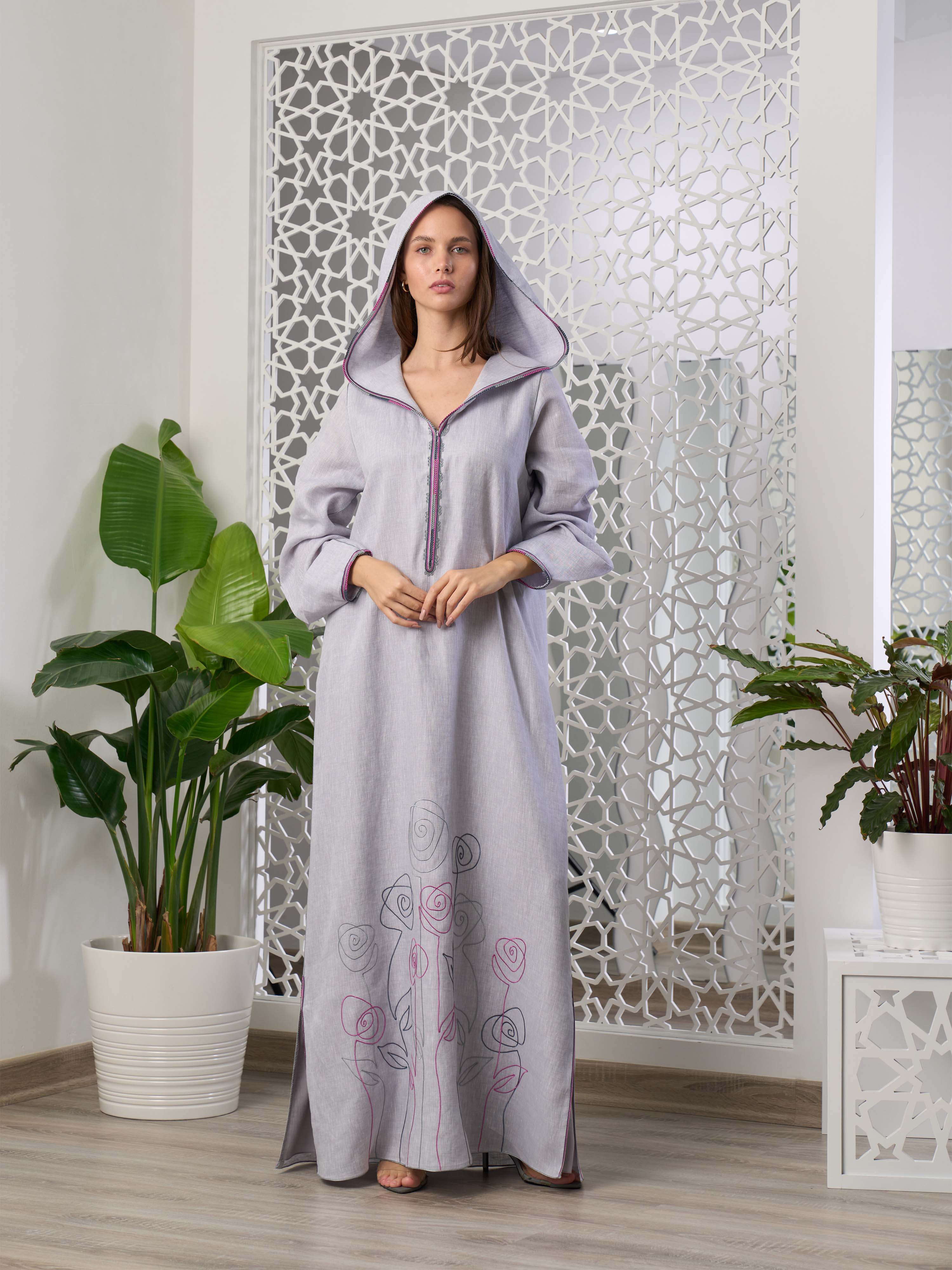 Linen Embroidered Kaftan with hood R22-04