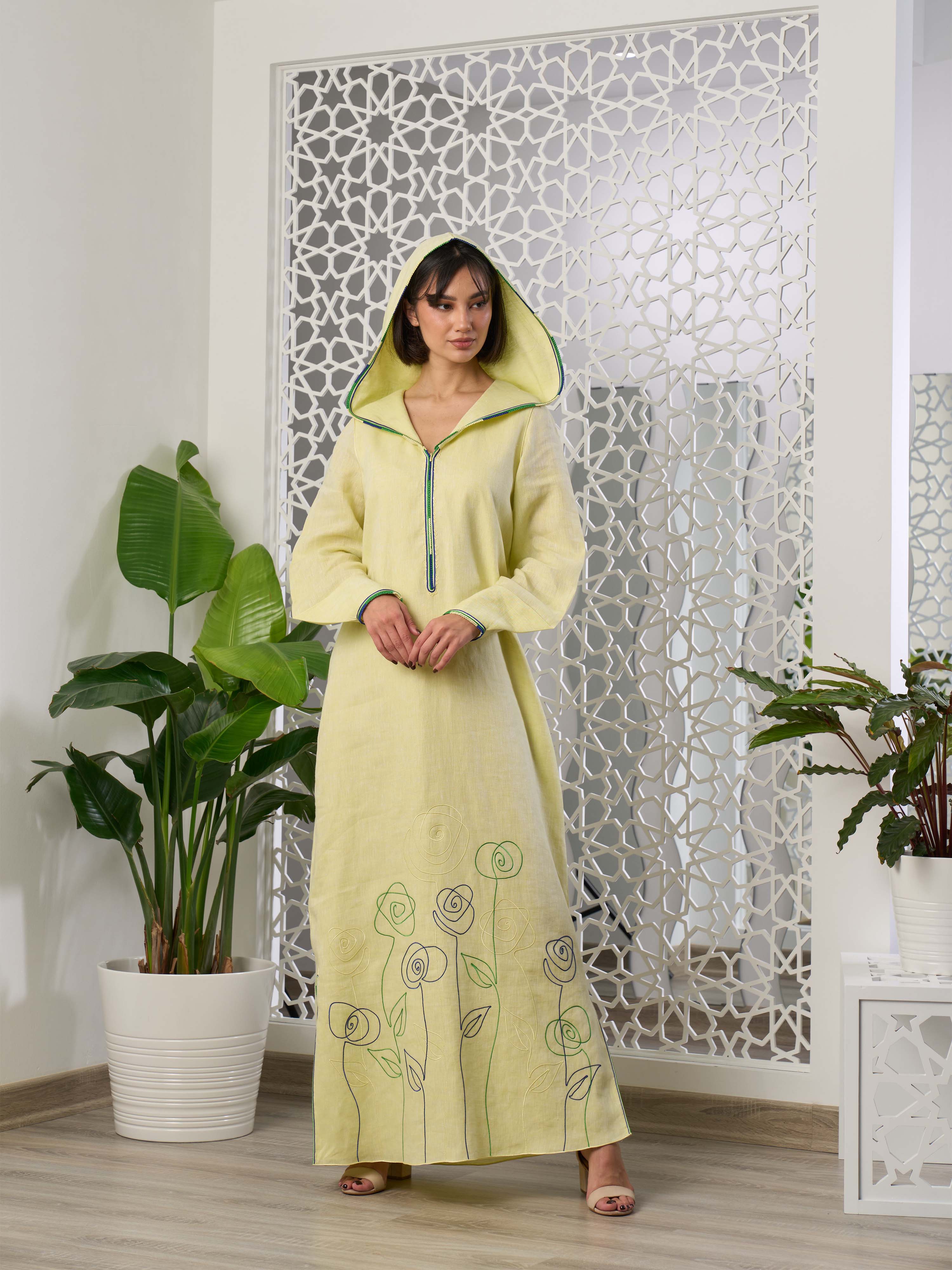 Linen Embroidered Kaftan with hood R22-04