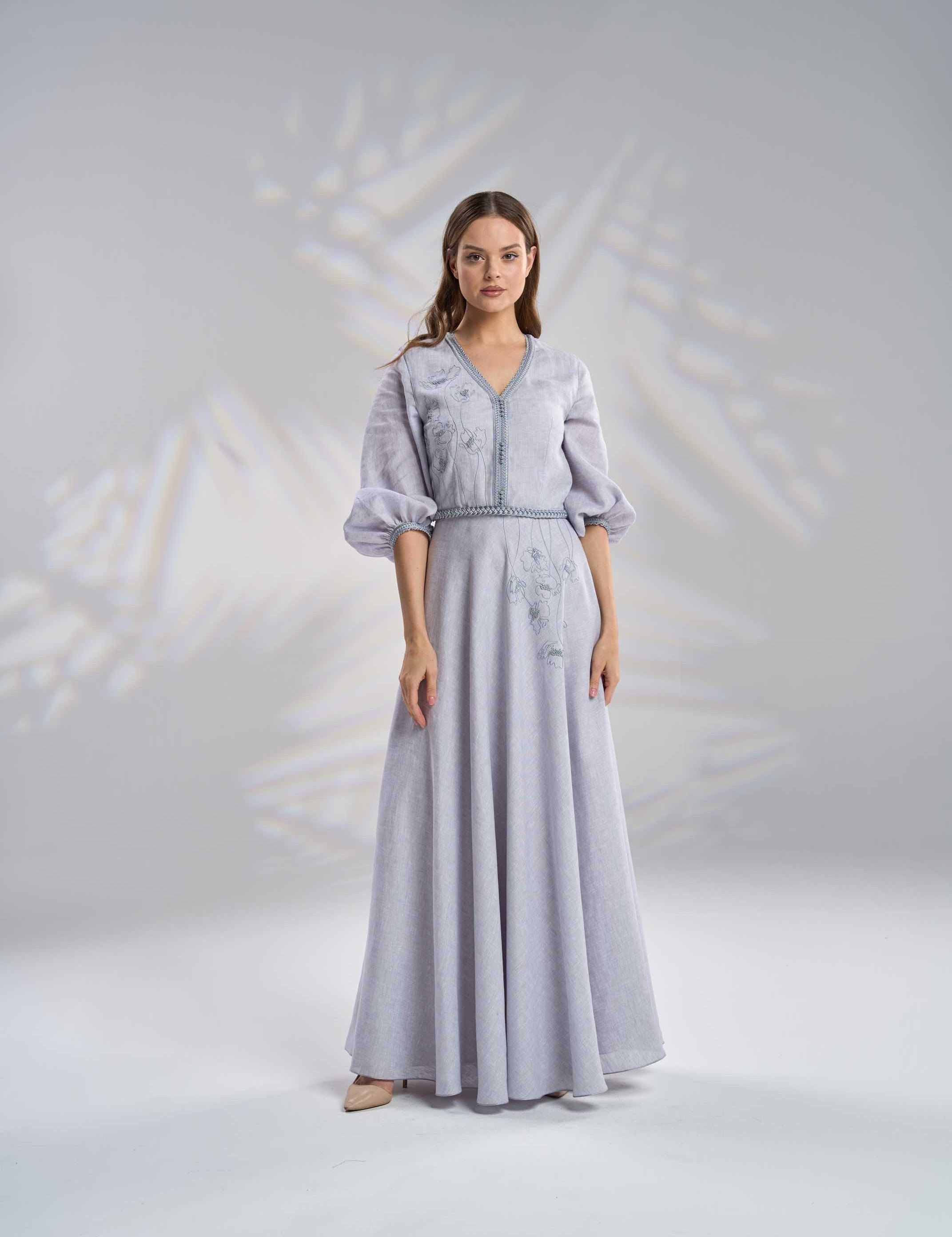 Linen Embroidered Kaftan Dress with Belt R23-15