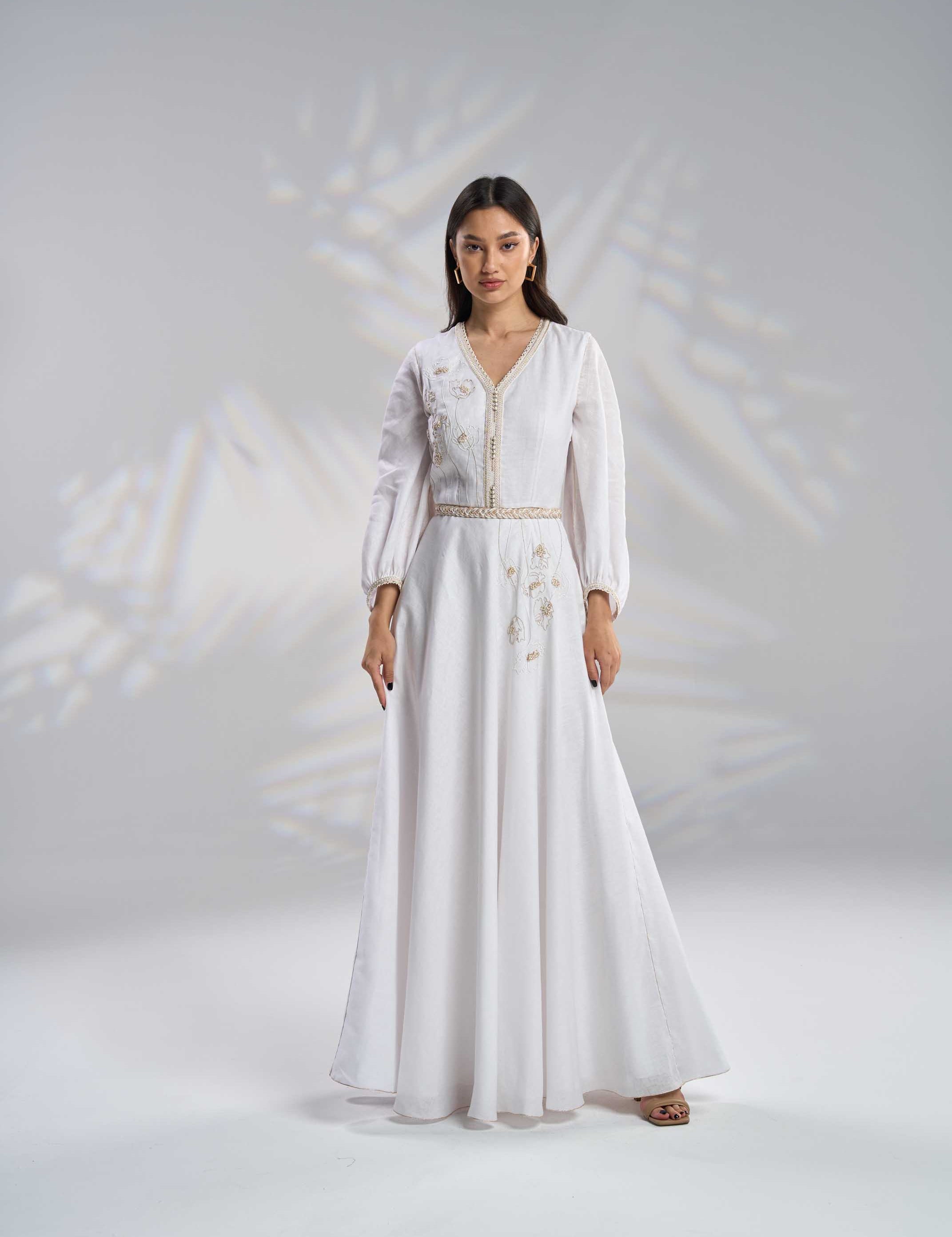 Linen Embroidered Kaftan Dress with Belt R23-15