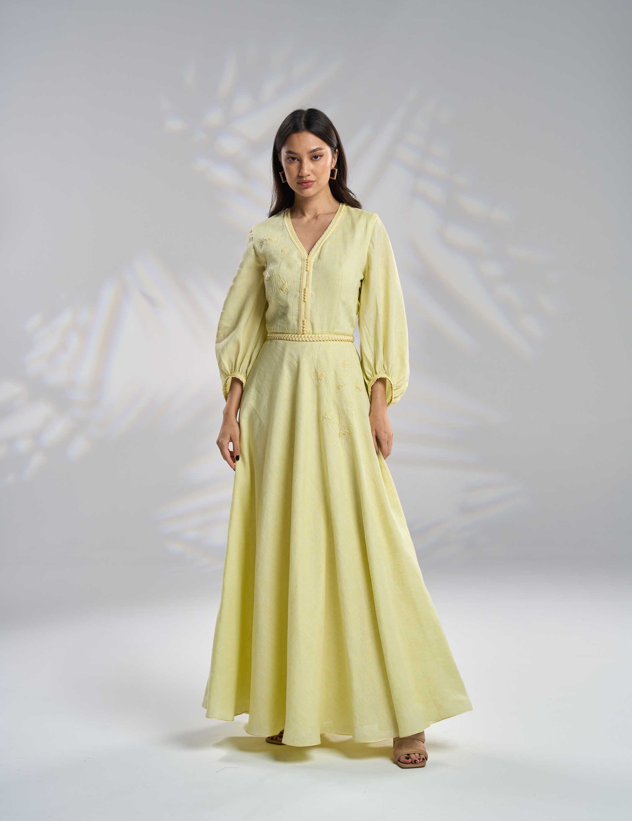 Linen Embroidered Kaftan Dress with Belt R23-15